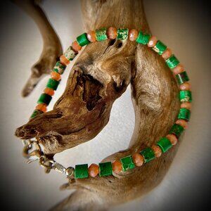 Green Sediment Jasper and Orange Crystal Rondelles Bracelet, Minimalist Style,